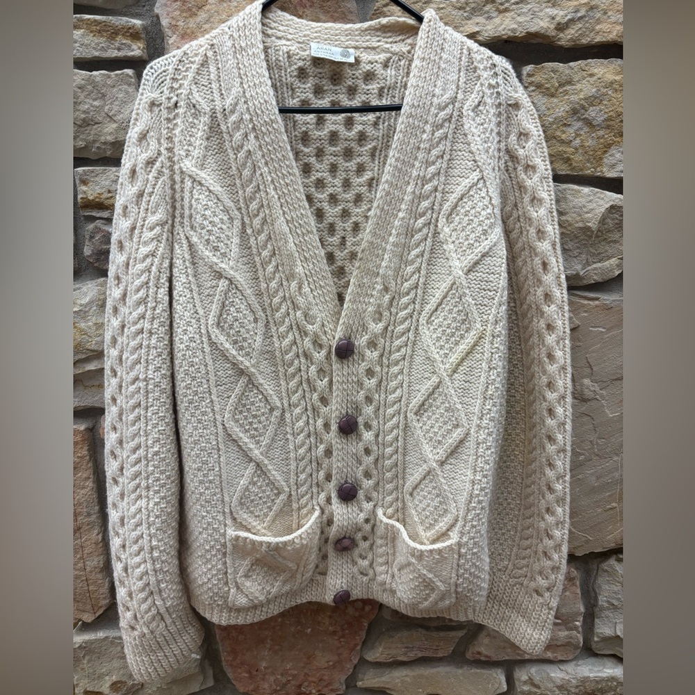 Carraig Classic Cream Cable Knit Cardigan Aran Wool Sweater